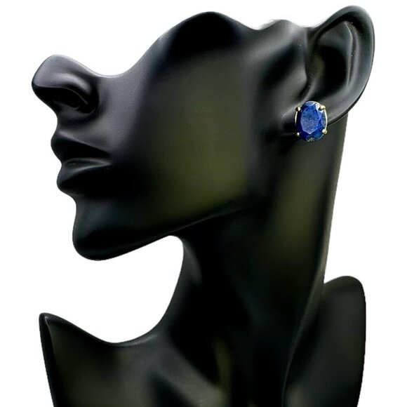 NWT Oval Stud Earrings Natural Lapis Lazuli 18K Gold Plated Setting - Picture 6 of 12